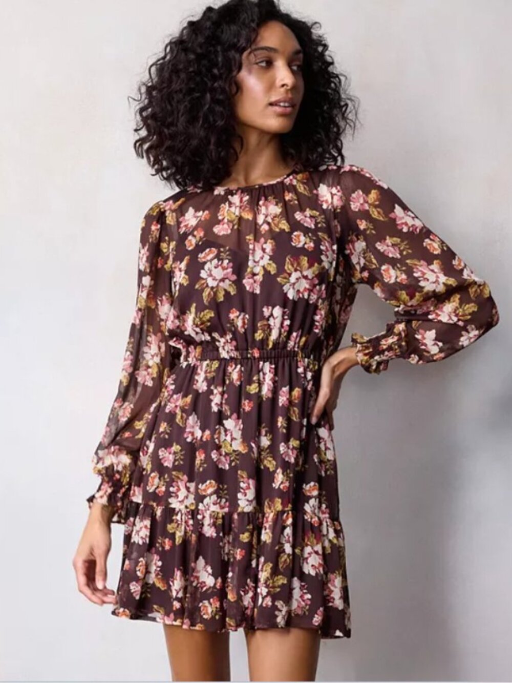 Women's LC Lauren Conrad Pleat Neck Mini Party Dress Brown Floral Sz M